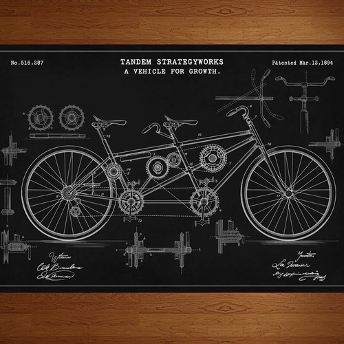  Create a vintage steampunk tandem bicycle patent drawing/illustration.