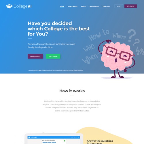 Landing page for CollegeAI