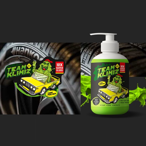 Tire Polish Label Design with Custom Mascot Illustration