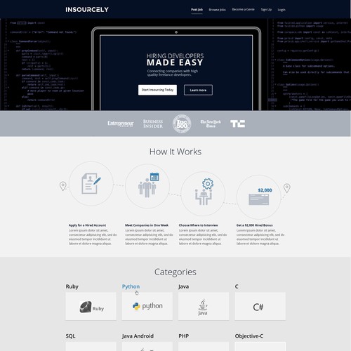 Front page for a SaaS company