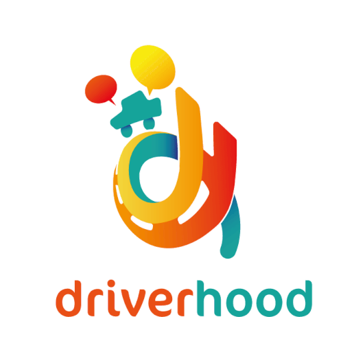 logo for a car sharing app, funny looking but dynamic, the d and the h of driverhood are hidden in the illustration of the road