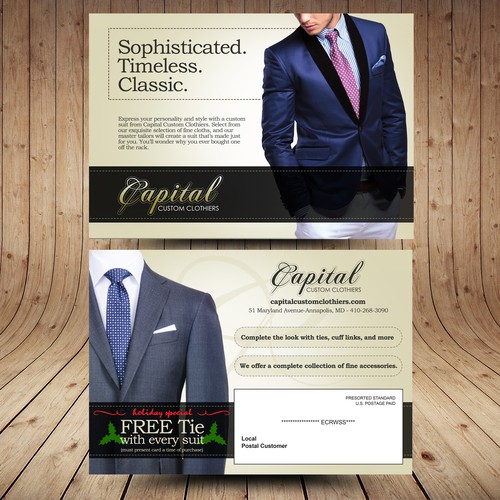 Create a direct mail piece approximately 6.25 x 9 inches for a menscustom clothier shop that feels elegant