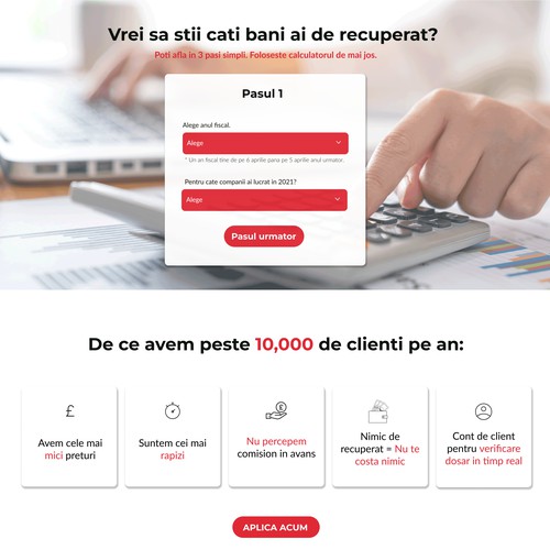 Landing page for tax return company