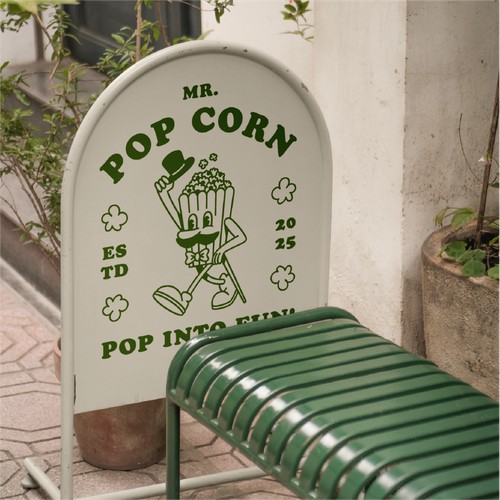 Mr. Popcorn Logo Design - Rubber Hose Mascot with Popcorn Bag