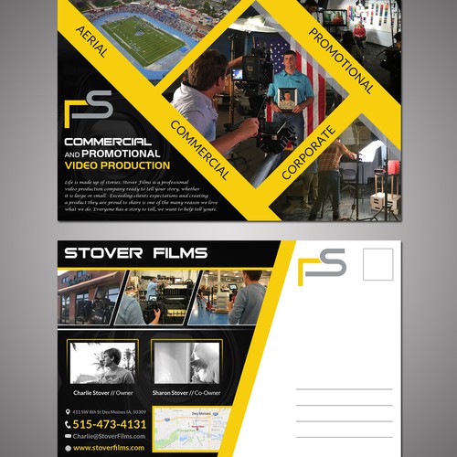 Create a captivating postcard for a video production company in Des Moines Iowa.