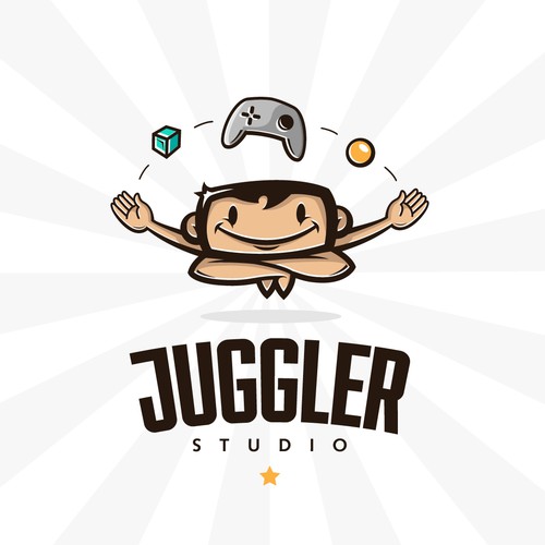 Funny logo for a video game developer with an Harlequin character.