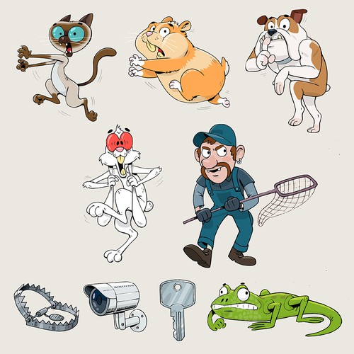 Illustrations for a table top game where animals escape a pet control facility