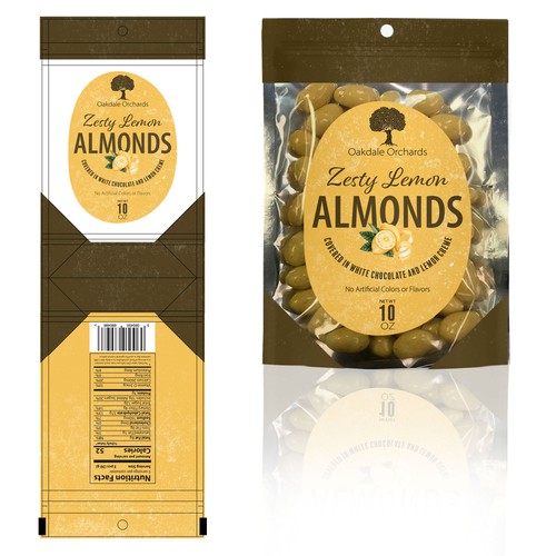 Packaging design for almonds covered in white chocolate and lemon creme