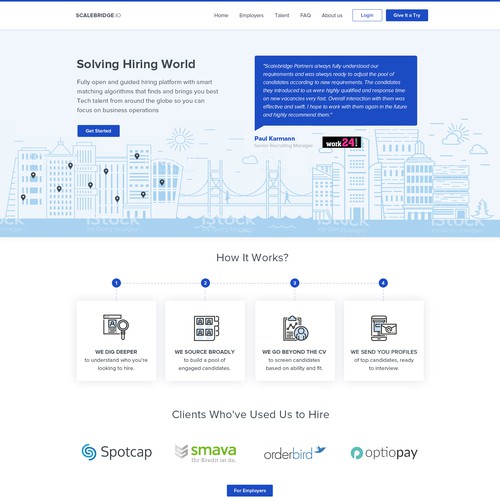 Landing homepage for a Tech Recruitment platform