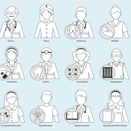 Design a cartoon character set of hospital staff for the Japanese market