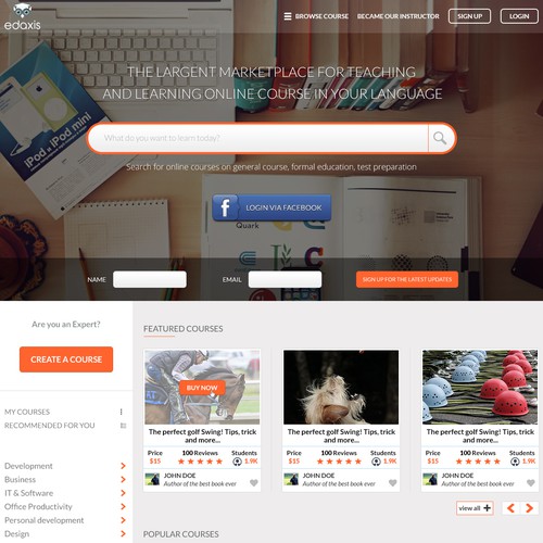 Create a web 2.0 landing page for online course marketplace