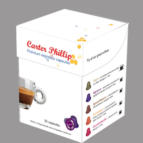 Design an espresso coffee box package. Modern, international, exclusive.