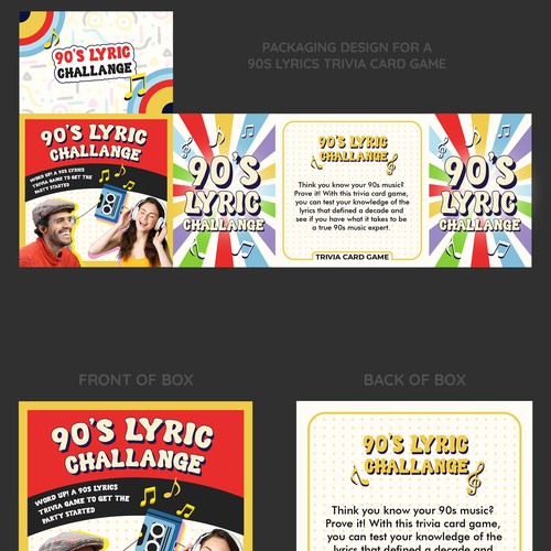 Packaging design for a 90s lyrics trivia card game
