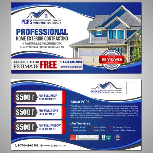 Create a 1st Class, Clean design post card for Roofing Company!!