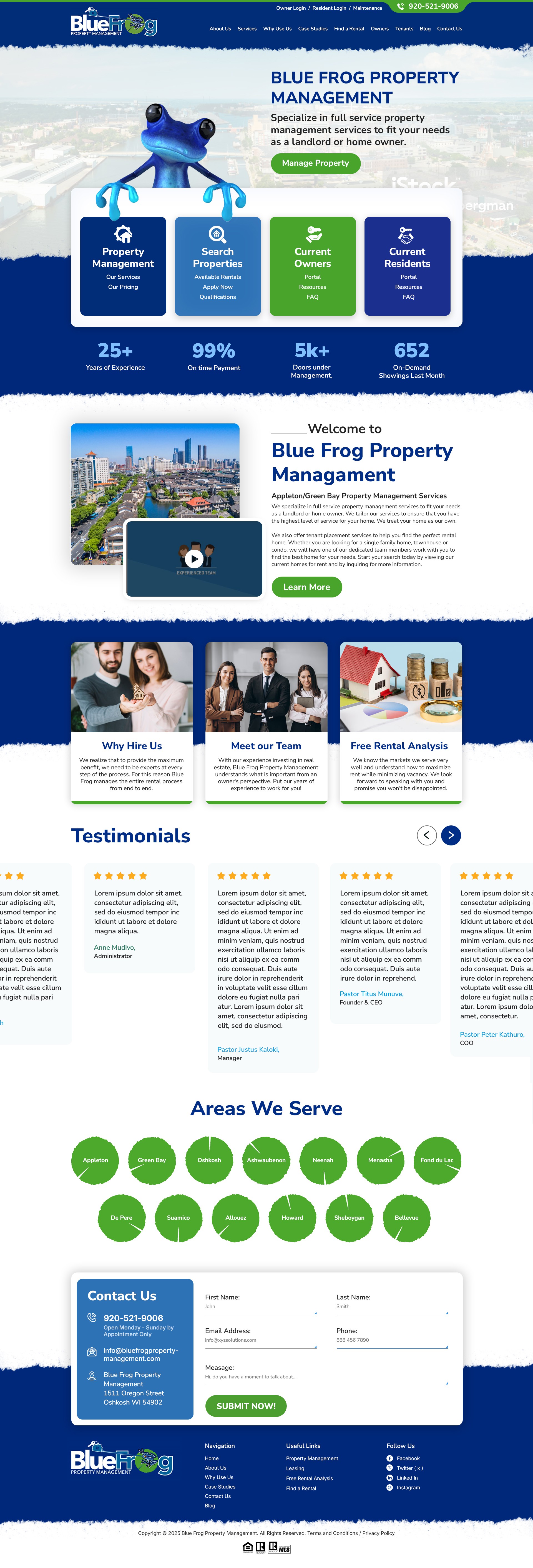 Fun, modern, clean re-design for Blue Frog Property Management webpage