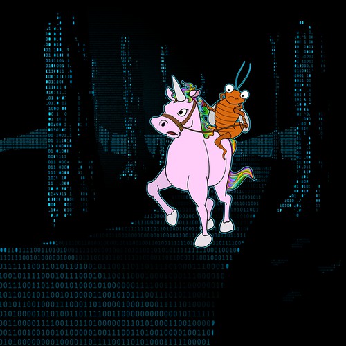 Cockroach Riding a Unicorn in a forest of data