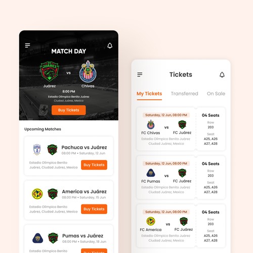 Football Match ticket App screens