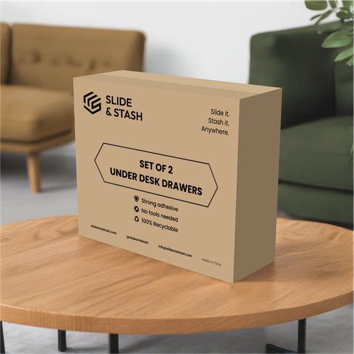 Sleek packaging design for under-desk storage drawers: Slide & Stash