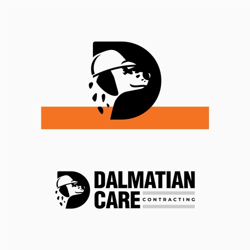 Dalmatian wearing a hardhat logo for a contracting firm