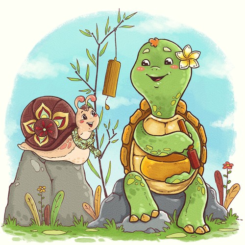 Friendly sensitive turtle and snail