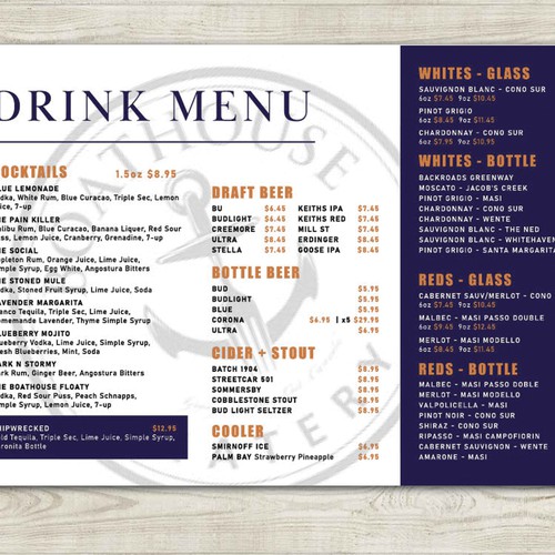 Drink/cocktail menu for waterfront restaurant