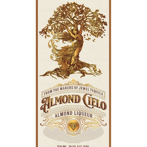 Eye Catching, Dreamy, Whimsical Label For Almond Liqueur Drink.