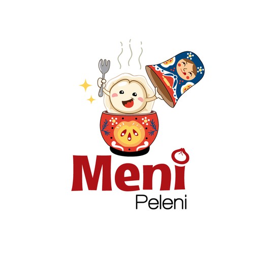 Fun and whismical dumpling character in logo for restaurant.