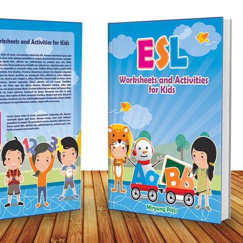 Create a playful cover for a workbook for kids learning English