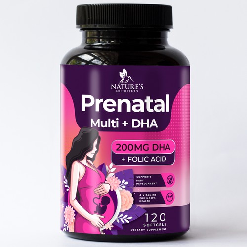 Prenatal multi + DHA softgels dietary supplement label design