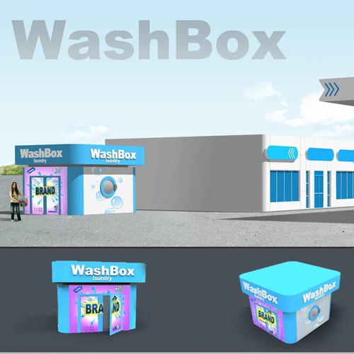 Create a fresh, eye-catching illustration of a laundromat add-on to a Petrol Filling Station