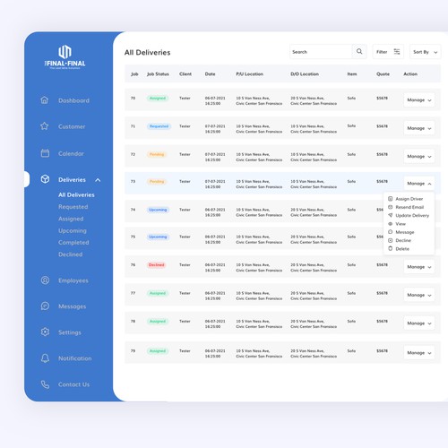 Dashboard for SaaS logistics companies