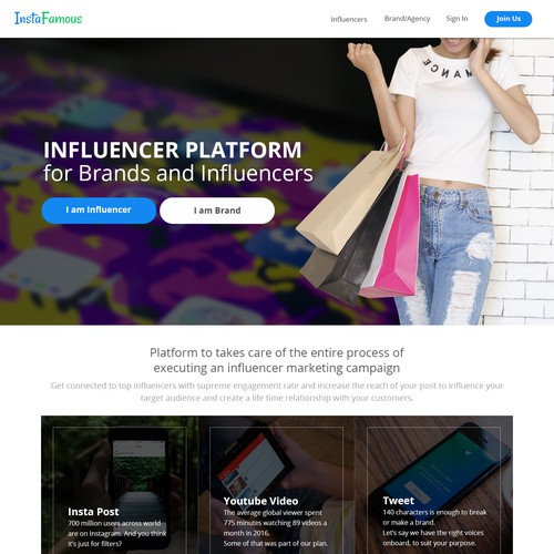 Landing page for Platform to connect Influencers/Creators to Brand