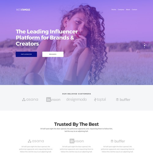 Landing page for Influencer Platform