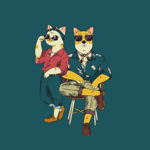 Illustration of cat and dog in hipster style
