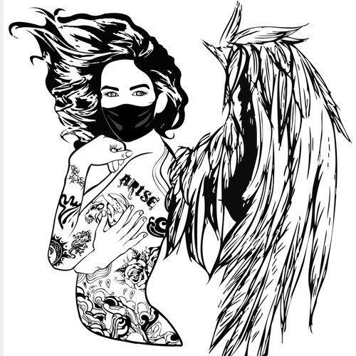 Create a beautiful line art drawing of a tattooed angel for a top e-liquid company!