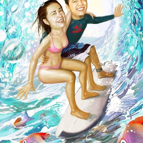 Caricature Love Team Surfing Waves