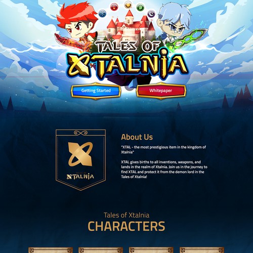 Design a home page for a VDO game called "Tales of Xtalnia"