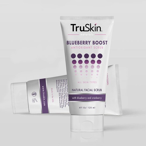 Truskin: Blueberry Boost NatuRal Facial Scrub Tubes (front and back). Cranberry and Blueberry colors. 