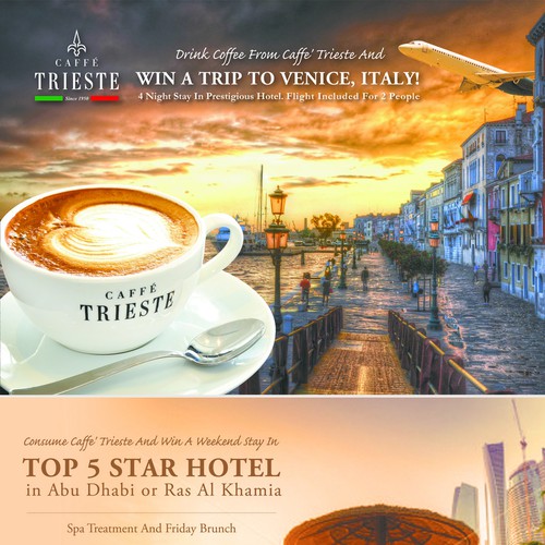 Flyer for winning a trip to Italy or Dubai, from Coffee shop