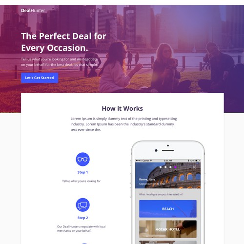 Landing page and onboarding concept for deal website.
