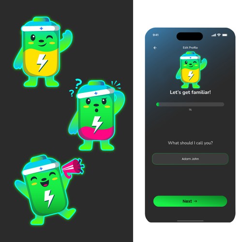 Need a fresh battery-themed companion character for longevity app