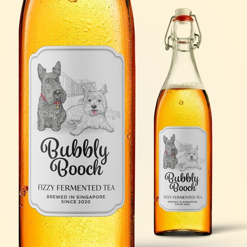 Kombucha fermented tea label with a Scotty and a Westie dogs