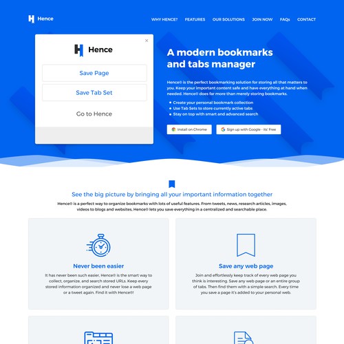 Landing page for Hence Bookmark