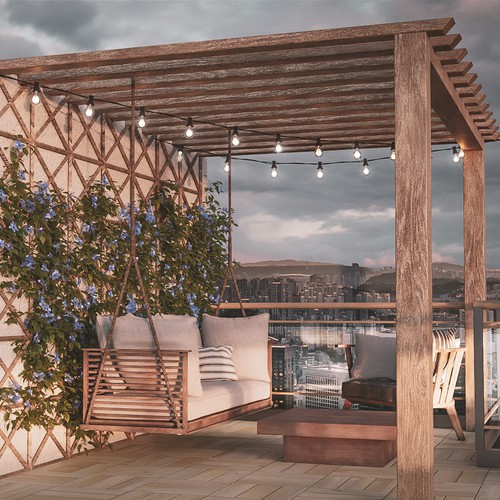 3d Rendering of a rooftop cafe