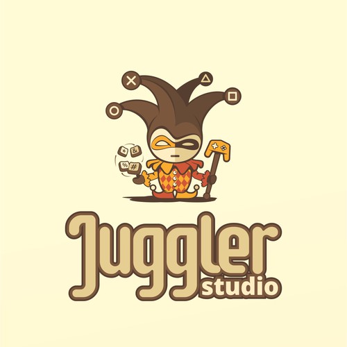 Funny logo for a video game developer with an Harlequin character.