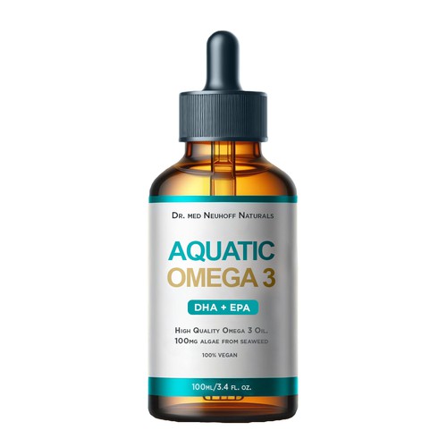 Packaging for a 100ml bottle with Omega 3 oil from seaweed. DHA + EPA. Product Algenöl or Oil from Algea.