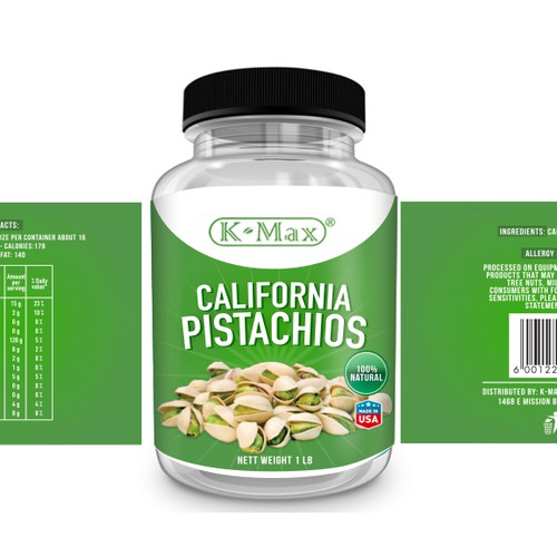 pistachios label, pack in a lb clear jar.