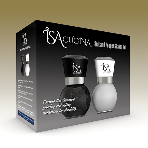 Contemporary retail box design for salt & pepper grinders.
