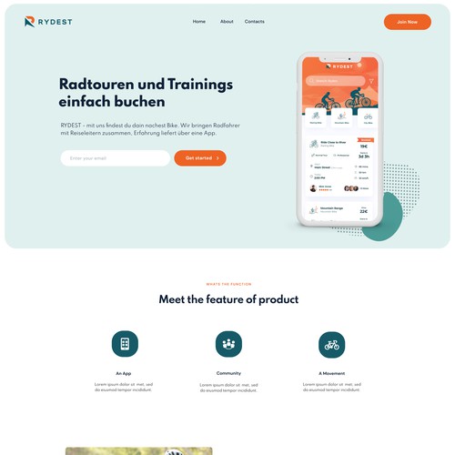 Landing page for Cycling Startup