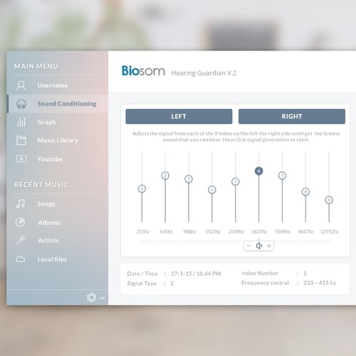 Design an desktop software interface for Biosom - Hearing Guardian version 2